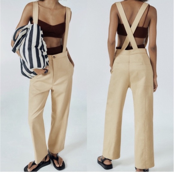 Zara Lyocell & Cotton Women's High Waisted Pants with Suspenders in Tan Size S - Picture 1 of 8